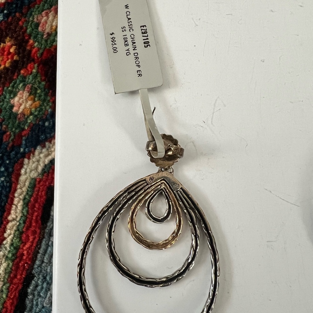 John Hardy Classic Chain Carved Drop Silver & 18k Earrings - Picture 2 of 8